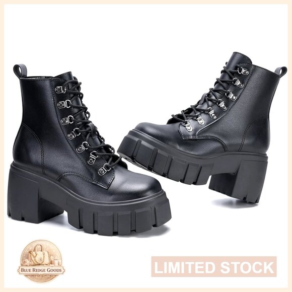 Chunky Platform Combat Boots Lightweight Lace Up Side Zipper Ankle Booties